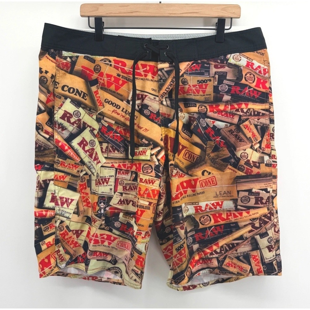 RAW Rolling Papers Board Shorts Mens 38 Multicolor Graphic Swim Trunks Beachwear